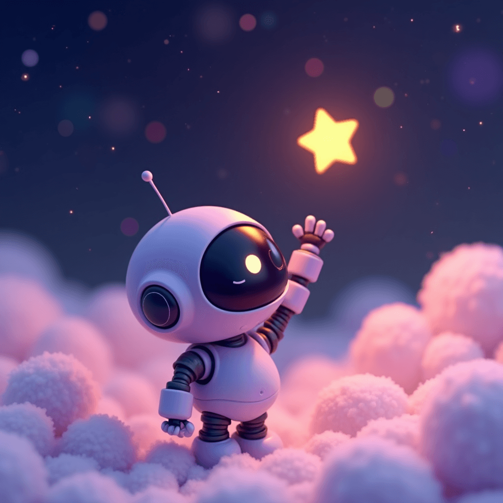 DreamBot — a tiny round robot reaching for a star